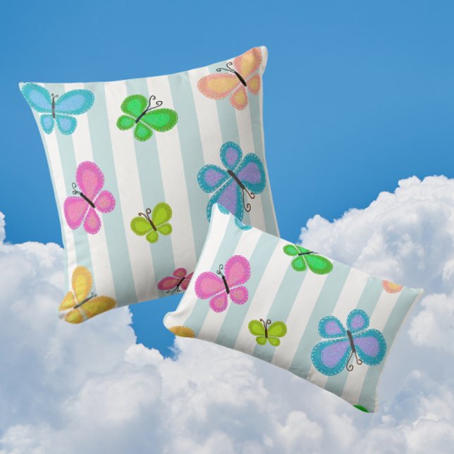 Coussin Rêves de papillon rayure bleue (Charming colorful folk art butterflies!)