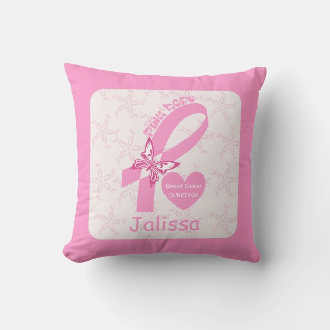 Coussin Ribbon rose Survivant du cancer du sein et frontiè (Recto)