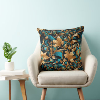 Coussin Riche, Vibrant, Or, Turquoise, Feuilles automnales