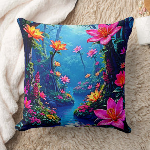 Coussin Rivière fleurie de la forêt enchantée Art