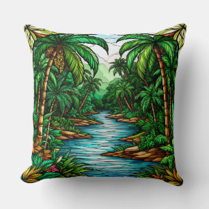 Coussin Rivière tropicale et palmiers dans une jungle vibr