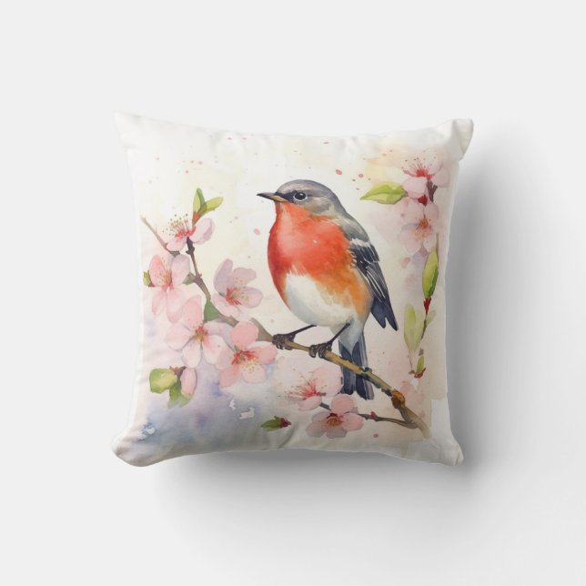 Coussin Robin d'aquarelle sur la branche de fleur de ceris (Recto)