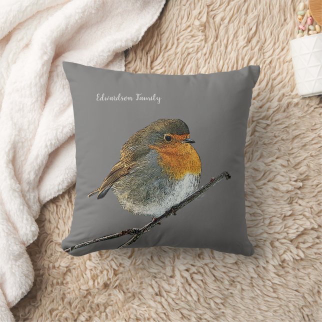 Coussin Robin oiseau famille monogramme nom gris lancer or (Couverture)