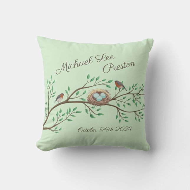 Coussin Robin Oiseaux Nid Oeufs Baby shower de printemps (Recto)