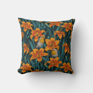 Coussin Robins et fleurs de lys, orange et bleu