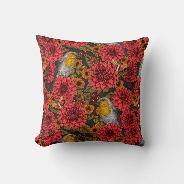 Coussin Robins in the autumn garden, red dahlias on black (Recto)