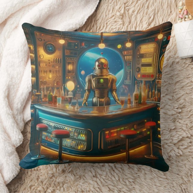 Coussin Robot Bartender in Interstellar Space Age Dive Bar (Couverture)