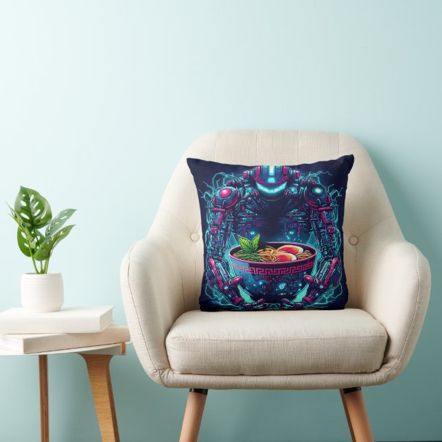 Coussin Robot Cyberpunk Futuriste Neon Nourriture Ramen (Chaise)