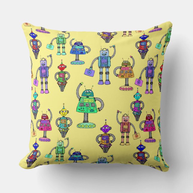 Coussin Robots colorés mignons sur un arrière - plan jaune (Recto)