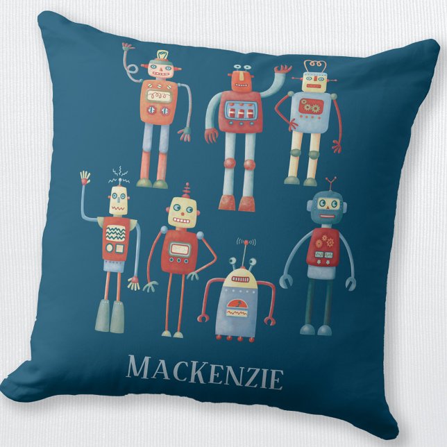 Coussin Robots mignons Personnalisés (Fun personalized retro robot throw pillow)