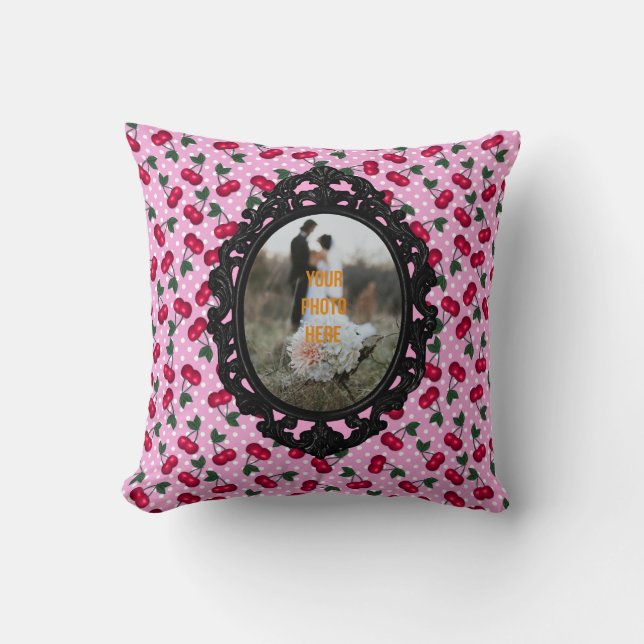 Coussin Rockabilly Cherries sur Pink Personnaliser avec ph (Recto)