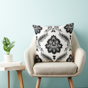 Coussin Rococo Damask Grand Motif Gris Noir Blanc