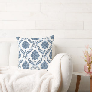 Coussin Rococo Damassé Grand Motif Bleu sur Blanc