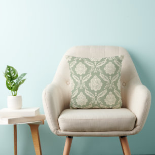 Coussin Rococo Damassé Grand Motif Crème sur Vert