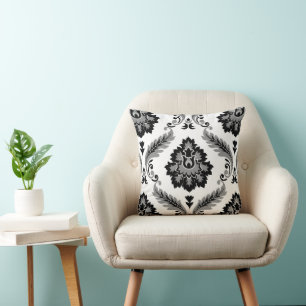 Coussin Rococo Damassé Grand Motif Gris Noir Blanc