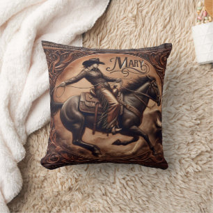 Coussin RODEO Cowboy Mary Roping à cheval au coucher du so