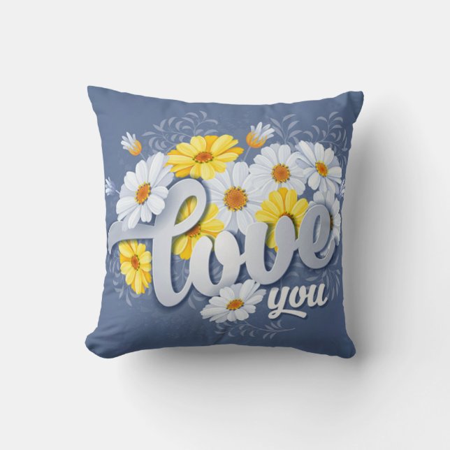 Coussin Romantique Bleu, Jaune et Blanc Chamomile floral (Recto)