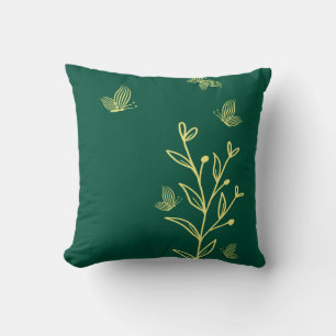 Coussin Romantique élégant fleur d'or vert émeraude