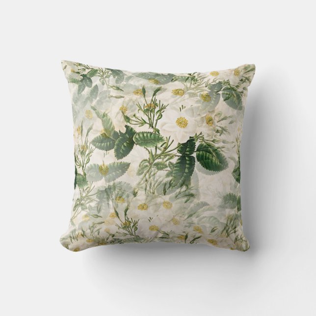 Coussin Romantique Fleurs blanches douces et Feuilles vert (Recto)