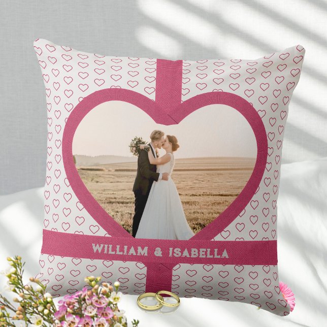 Coussin Romantique Mariage Love Photo Ruban Heart Grey (Romantic Wedding Love Photo Ribbon Heart Gray Throw Pillow ©Susanne Sachers - Sunny Mind Design)