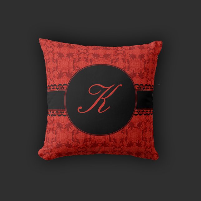 Coussin Romantique Rouge et Noir Faux Lace Monogramme (Créateur téléchargé)