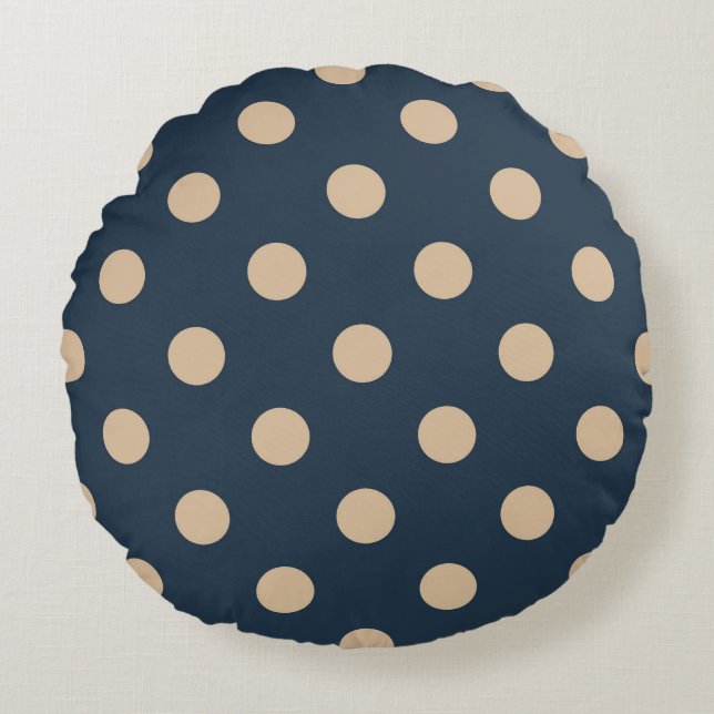 Coussin rond à points de polka noir et tan (Devant)