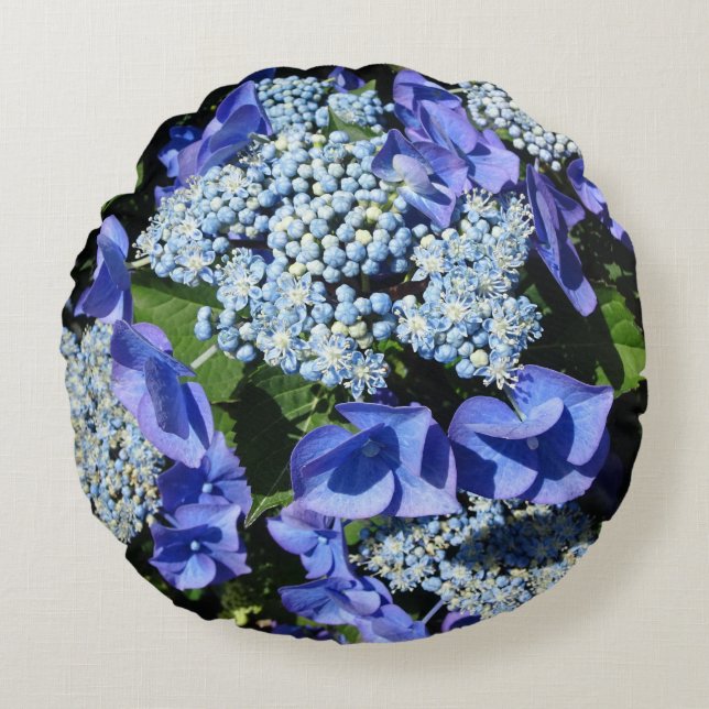 Coussin rond bleu Hydrangea Fleurs (Devant)