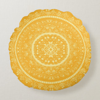 Coussin Rond Bohème Mandala Floral Jaune Doré