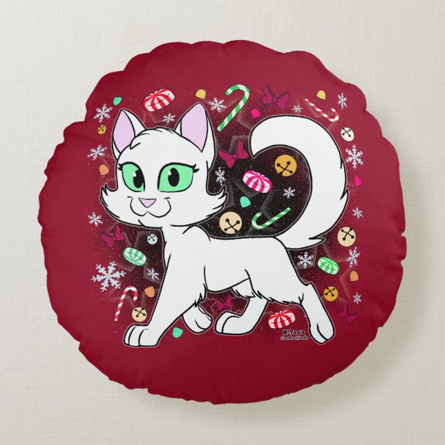 Coussin Rond Chat de Noël (Rouge) (Devant)