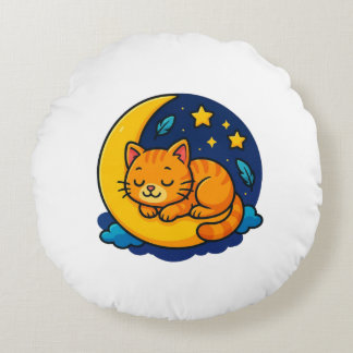 Coussin Rond Chat Endormi Mignon sur la Lune –