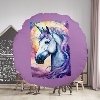Coussin rond cosmique violet Unicorne