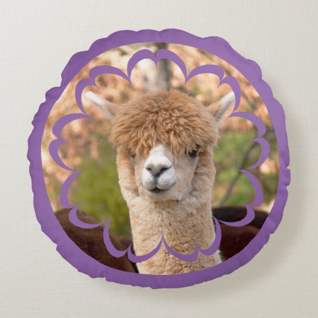 Coussin rond d'anniversaire mignon d'alpaga (Devant)