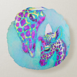 Coussin rond d'Aqua et de girafe pourpre