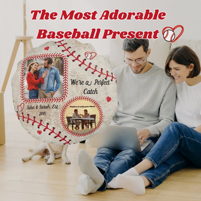 Coussin rond de baseball personnalisé - Photo pers (Customized Baseball Gift, Fully Personalized Pillow Photo For Baseball Fans)