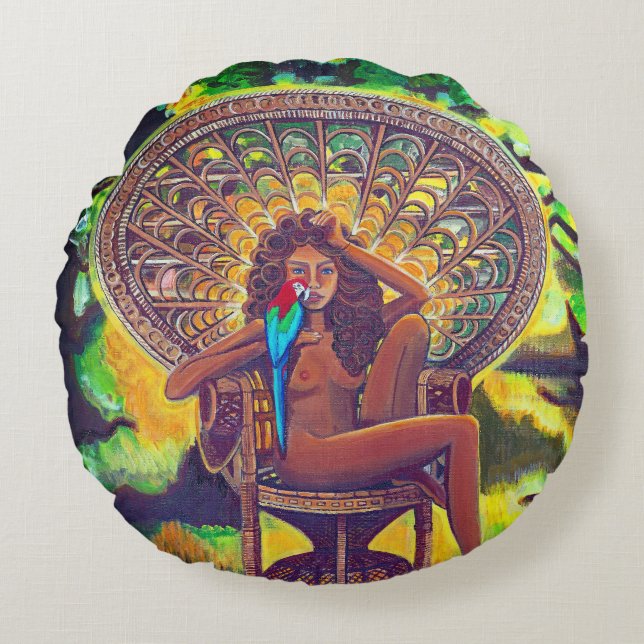 Coussin rond de coton à thème Boho (Devant)