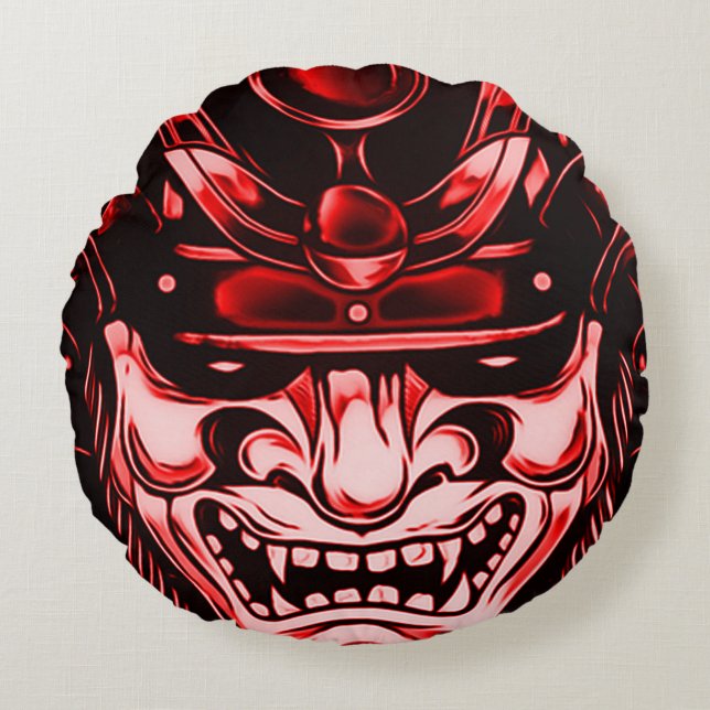 Coussin rond de masque samouraï classique rouge de (Devant)