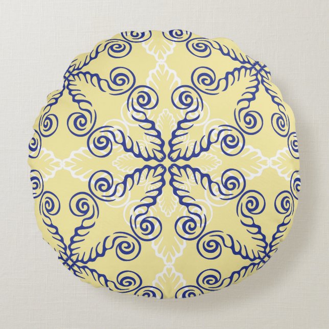 Coussin rond de motif de jaune et de bleu marine (Devant)