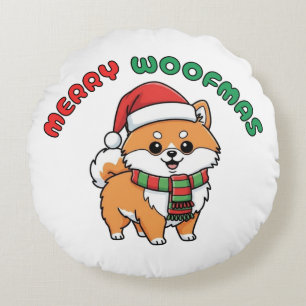 Coussin rond de Noël Poméranie : Joyeux Woofmas