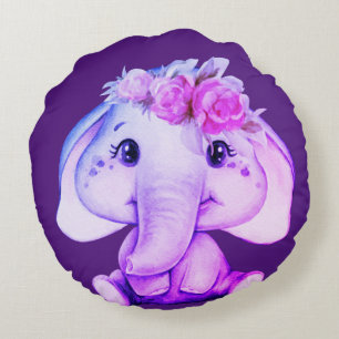 Coussin rond d'éléphant à couronne florale violet