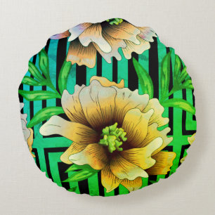 Coussin rond d'impression florale jaune et vert