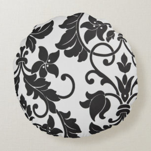 Coussin rond d'impression florale noir et blanc