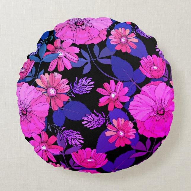 Coussin rond d'impression rose et violet (Devant)