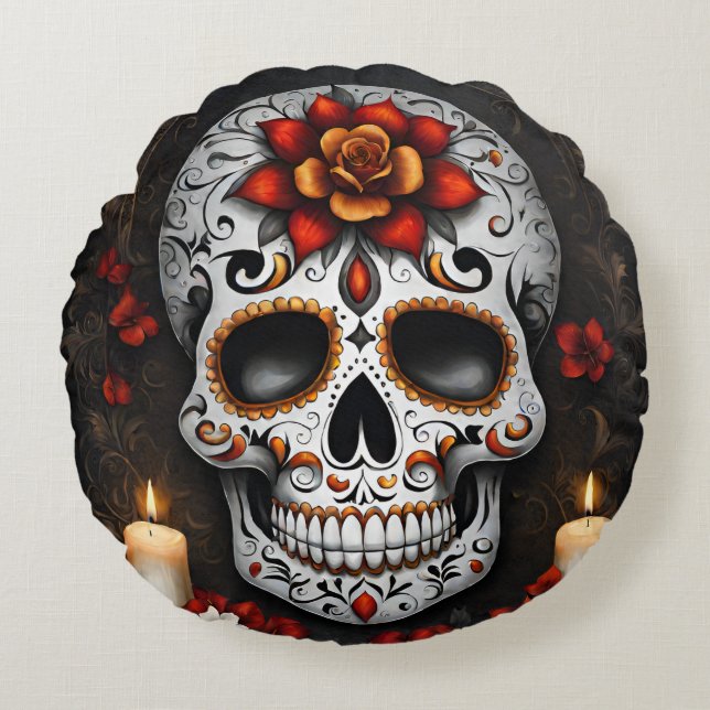Coussin rond du crâne de sucre Halloween (Devant)