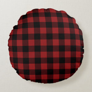 Coussin rond du Motif de contrôle de plaid noir et