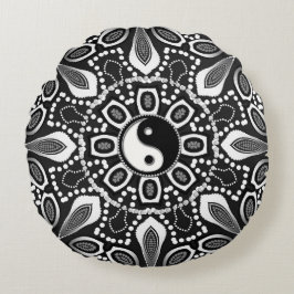 Coussin rond géométrique blanc noir tribal de Yin