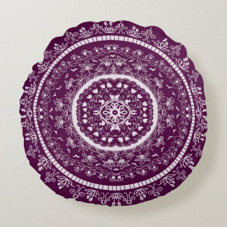 Coussin rond jeté mandala floral prune boho