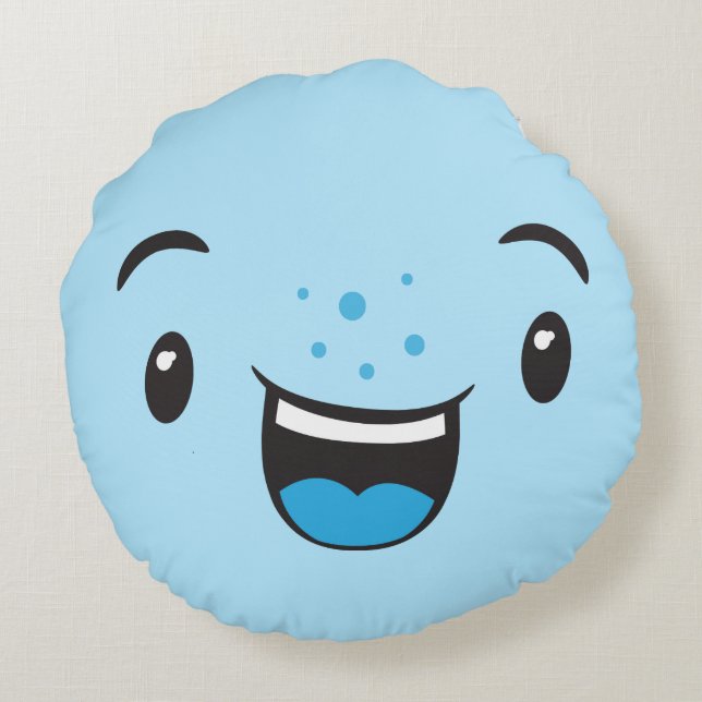 Coussin rond Kawaii face bleu souriant (Dos)