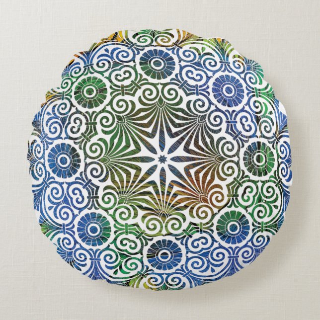 Coussin rond Mandala bleu et vert (Devant)