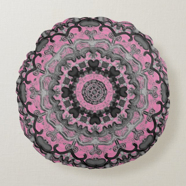 Coussin rond Mandala noir et rose (Devant)