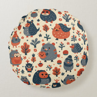 Coussin rond mignon avec hérisson et petits animau